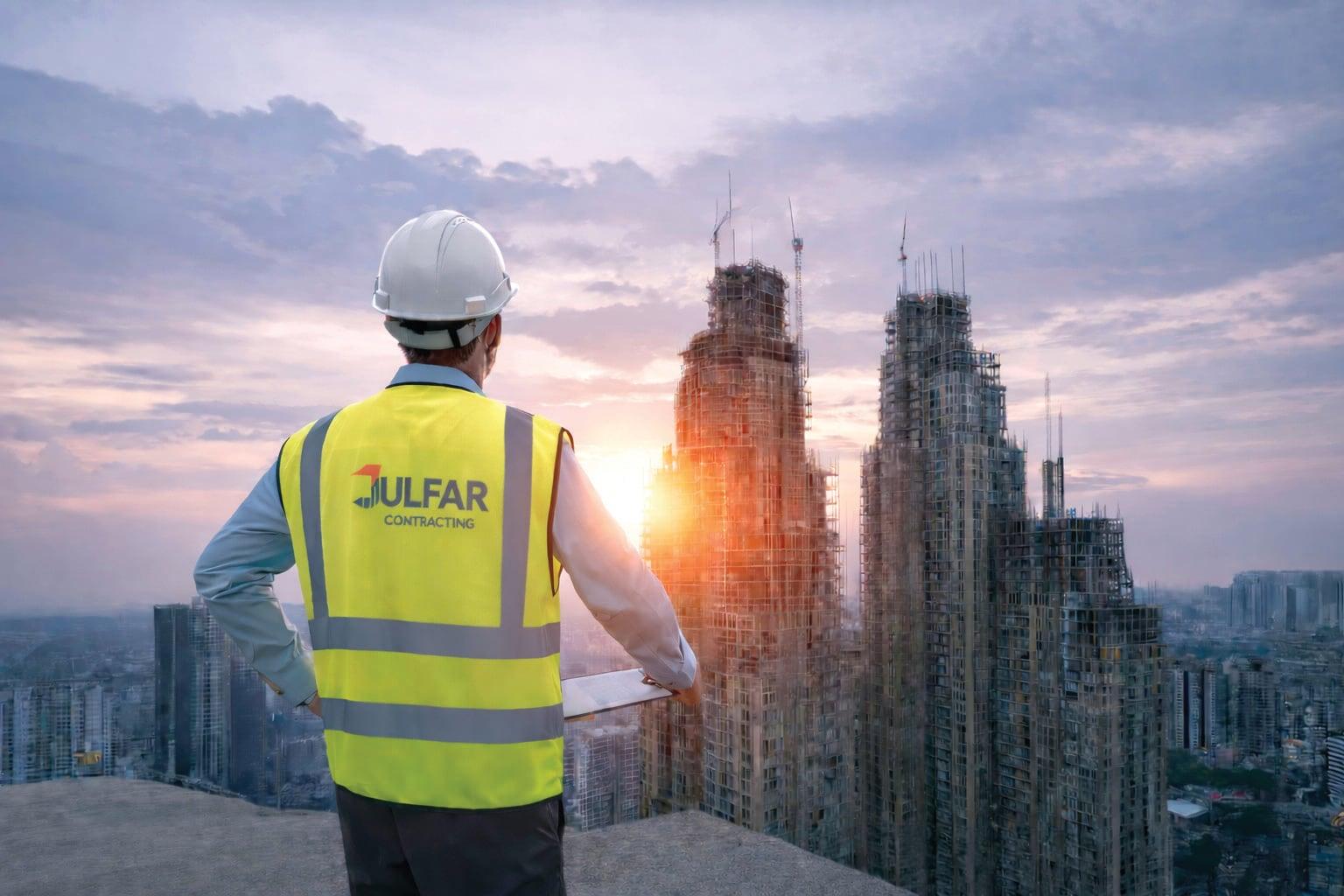 Julfar engineer in a branded vest reviewing plans in front of high-rise construction