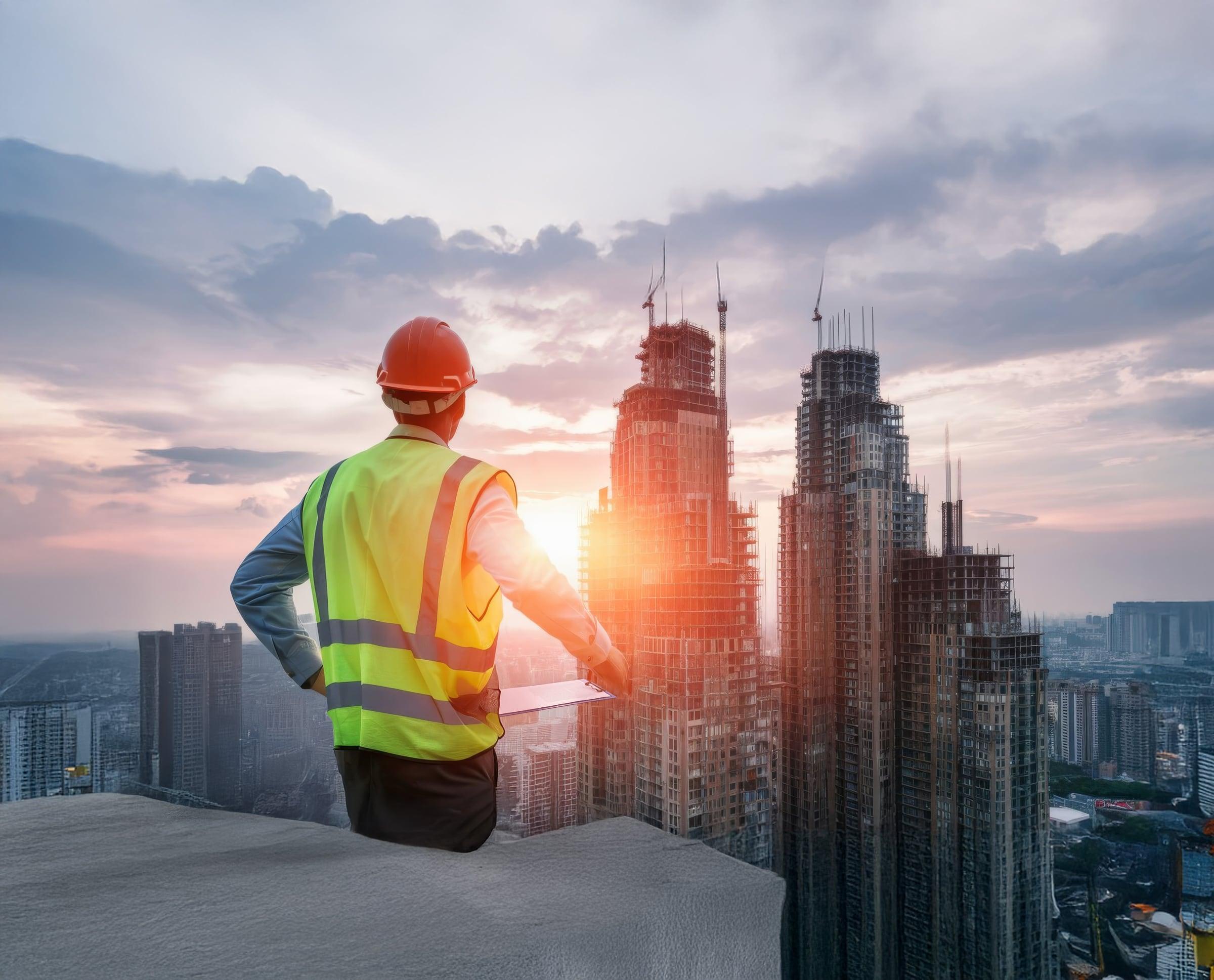 Engineer overlooking towers under construction at sunrise