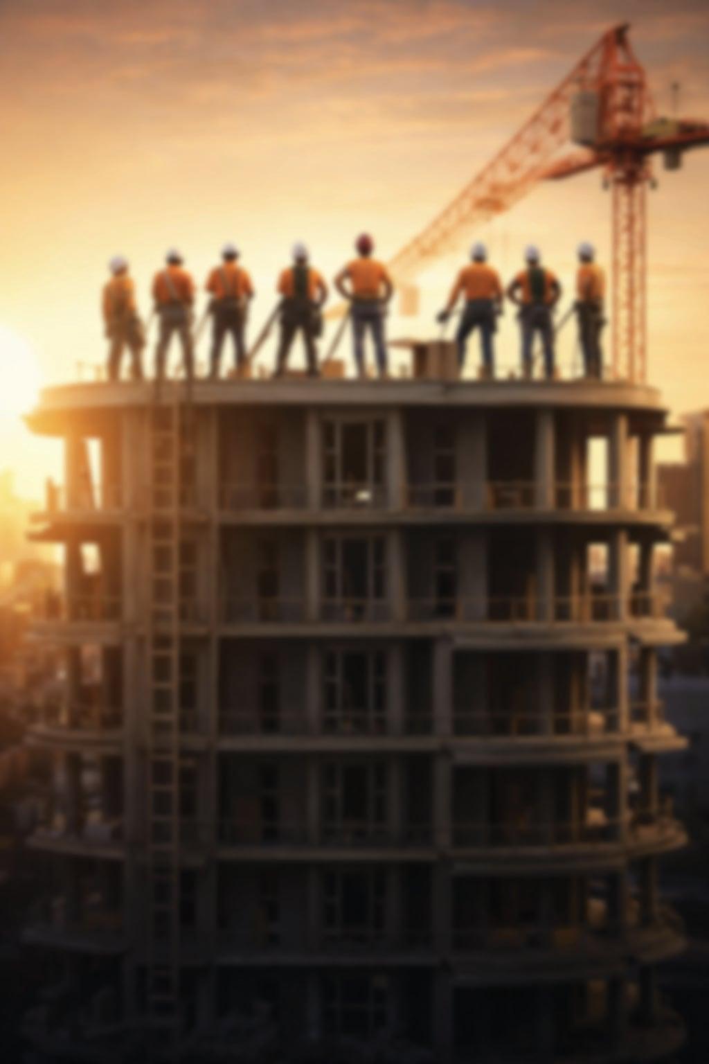 Site team standing on the top floor of a concrete frame at dusk