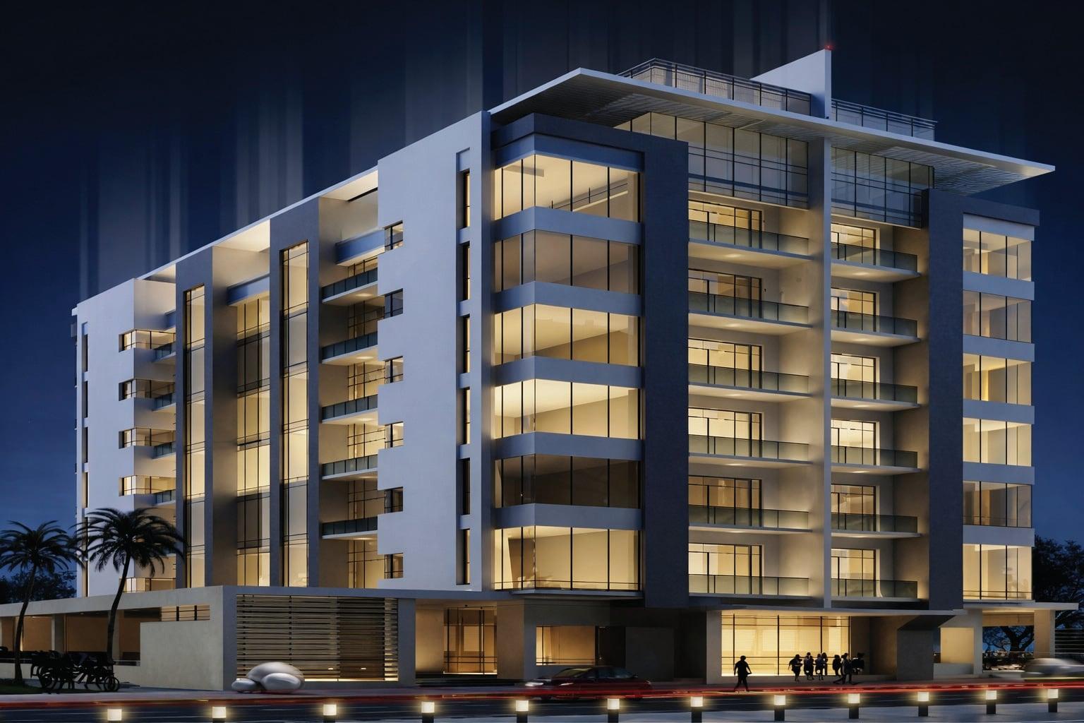 Night render of a seven-level residential building with warm interior lighting