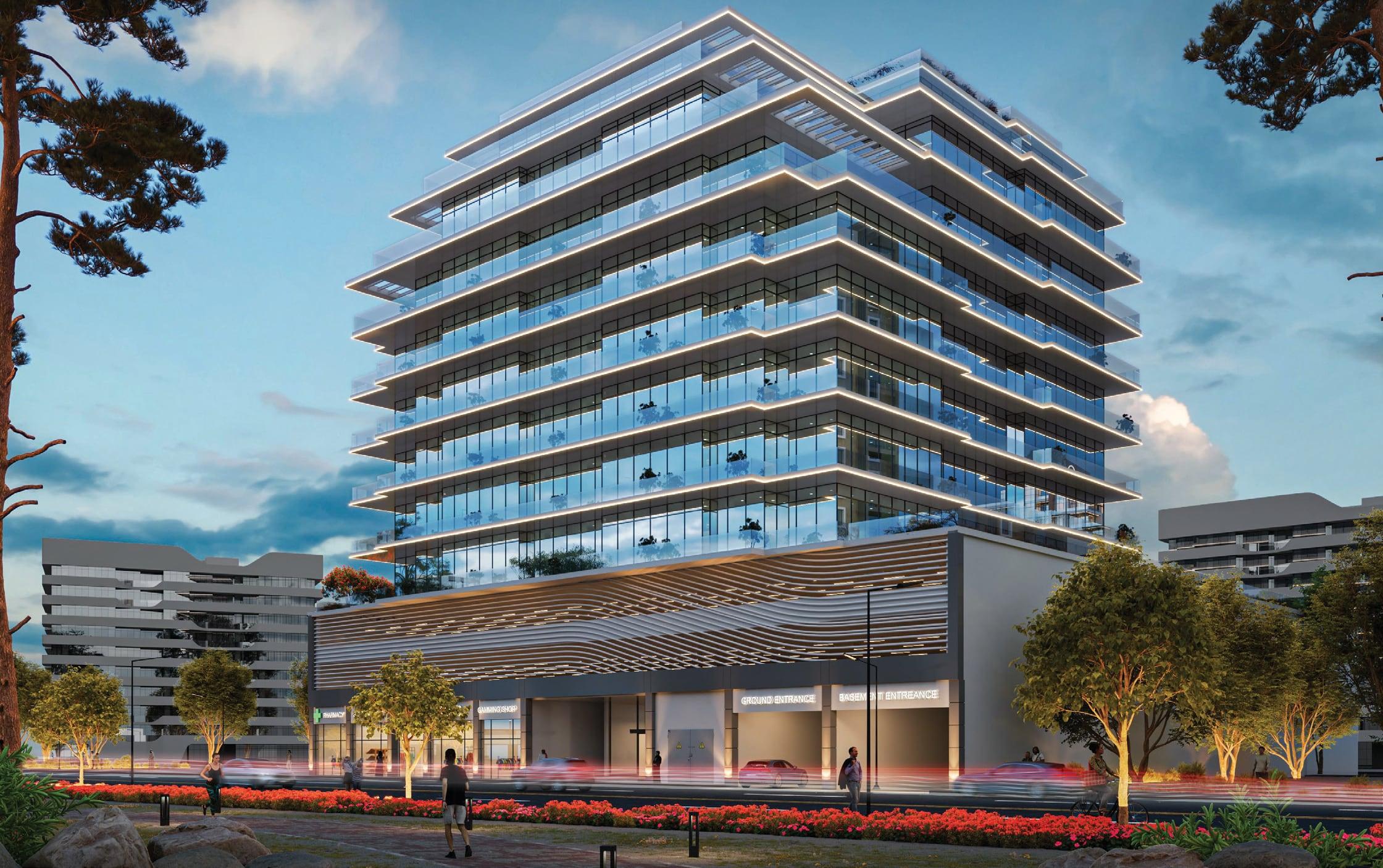 Render of Bliss Home-2, a terraced glass residential building with illuminated balcony edges