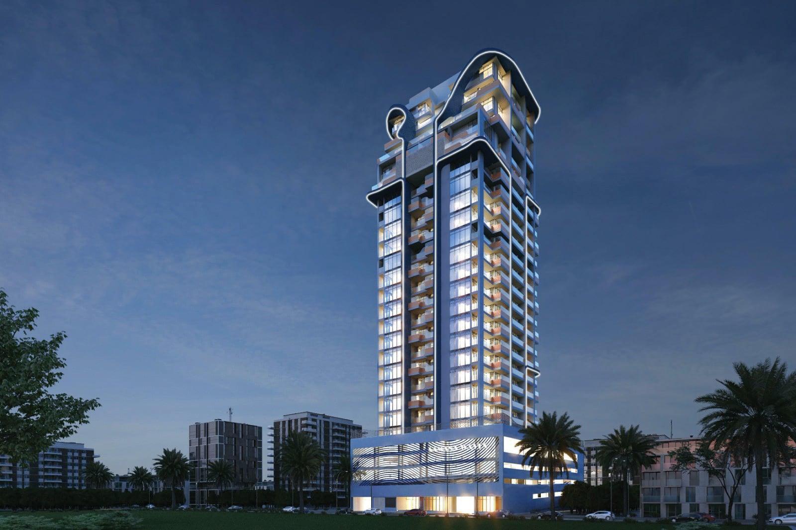 Evening render of Samana Waves II, an illuminated residential tower